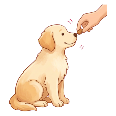 Illustration: an owner marking the moment and handing over a treat
