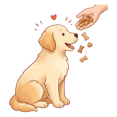 Illustration: an owner giving a dog a handful of treats as a jackpot