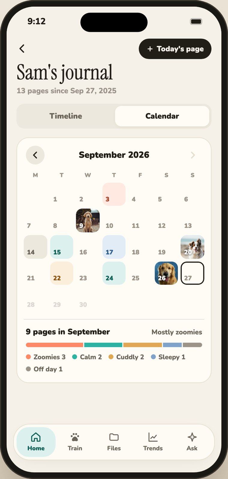 The journal calendar, each day wearing its mood colour, with a monthly mood summary