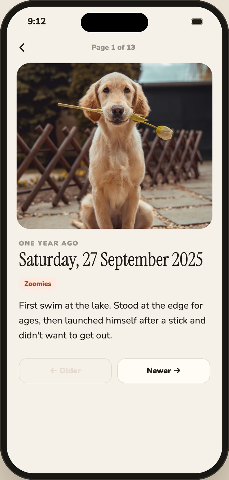 A journal page from one year ago, with a photograph, the date in a serif face and the words written that day