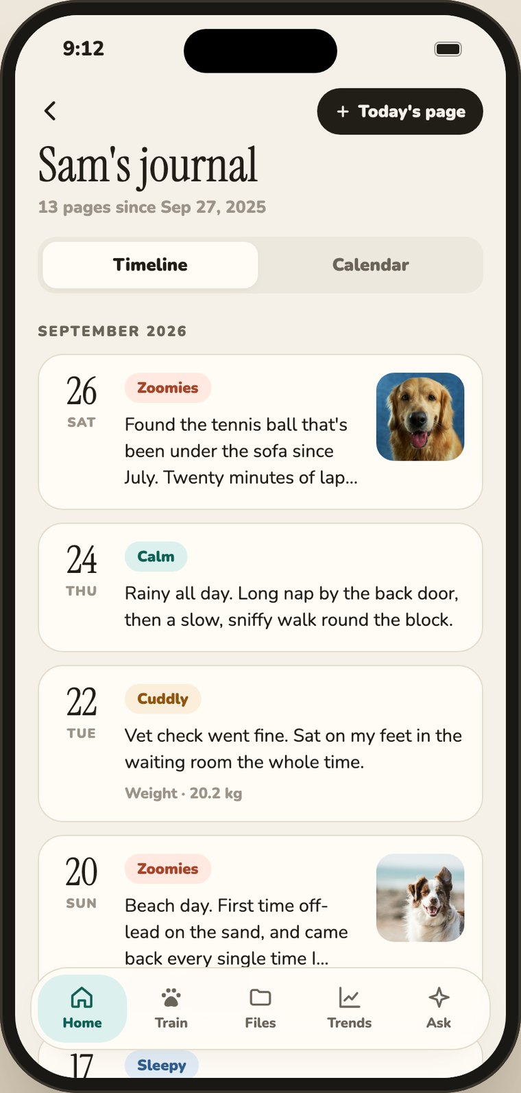The journal timeline, pages grouped by month with mood tags and photos