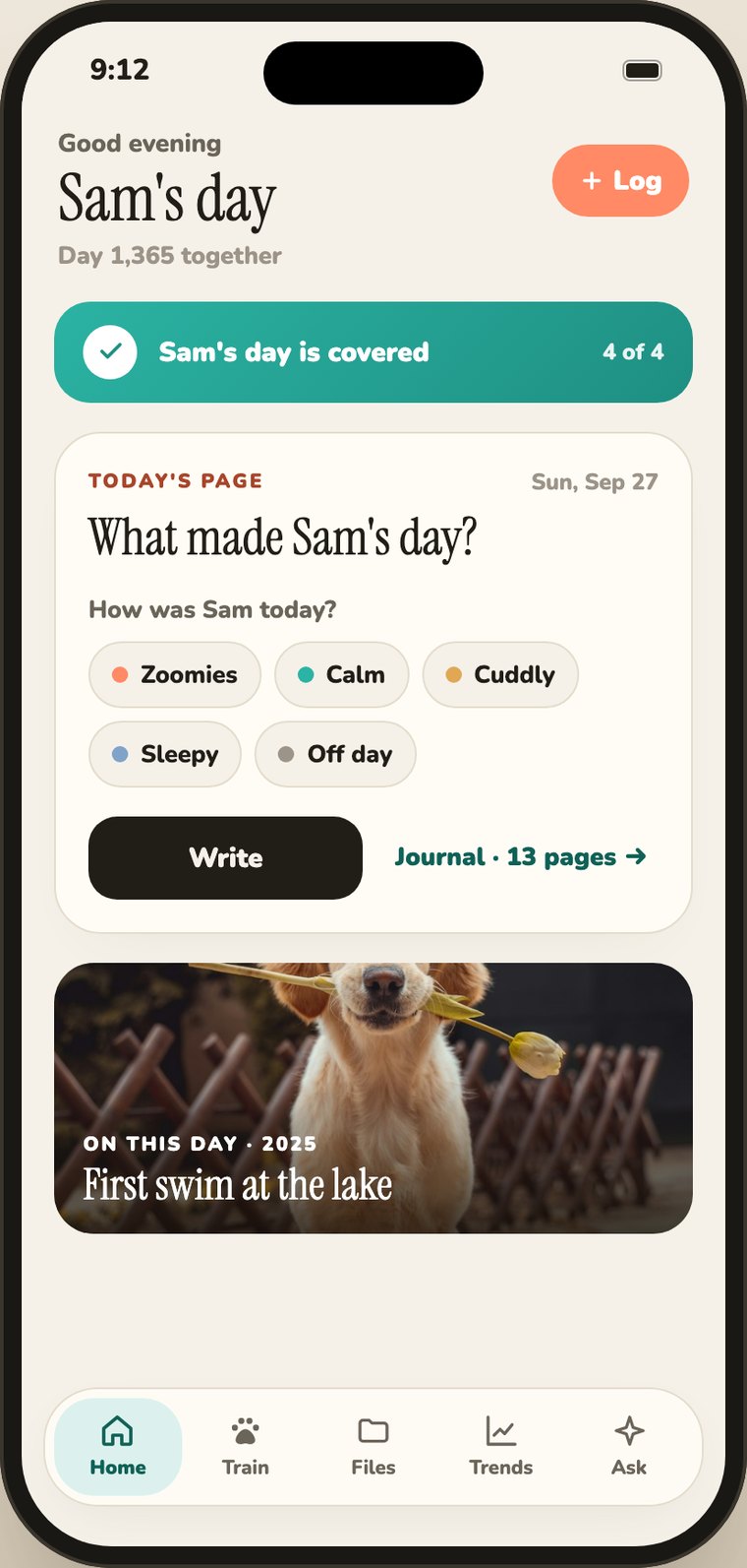 Tavi’s Home screen showing today’s journal page with five mood chips and a Write button