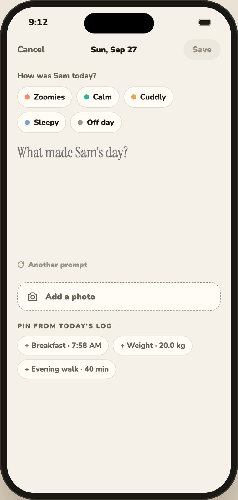 The journal editor with a serif prompt, a photo slot and pins from the day’s log