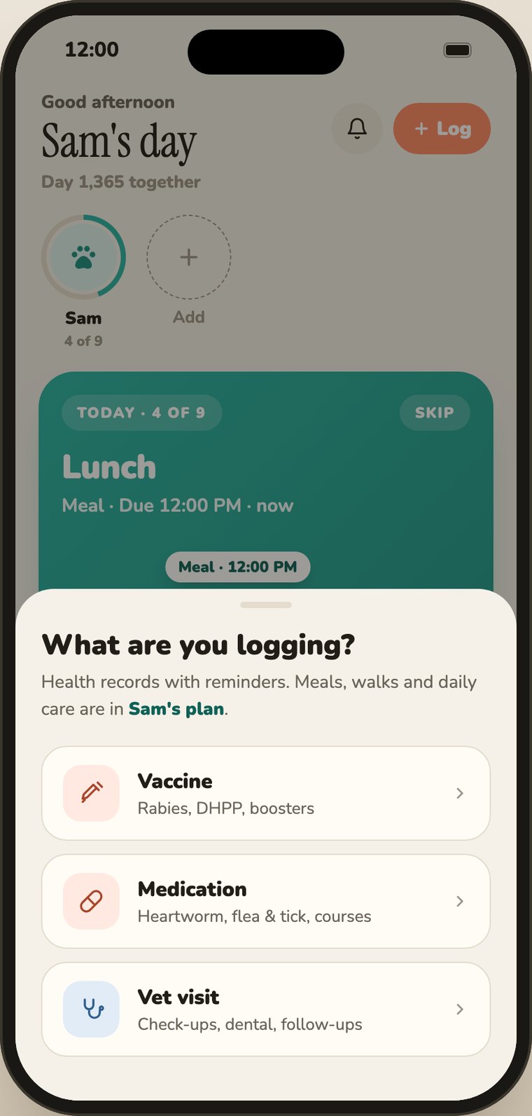 The log sheet offering health records: vaccine, medication and vet visit