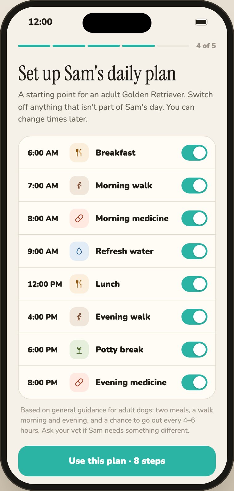 The plan setup screen proposing eight steps for an adult Golden Retriever, each with a switch