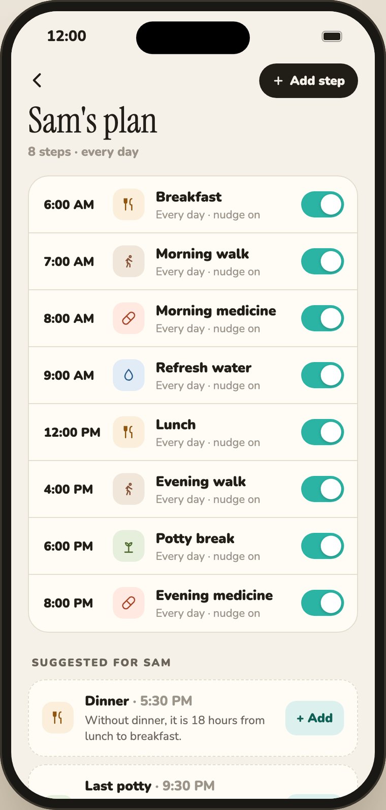 The full plan screen listing every step with its time, days and an on/off switch