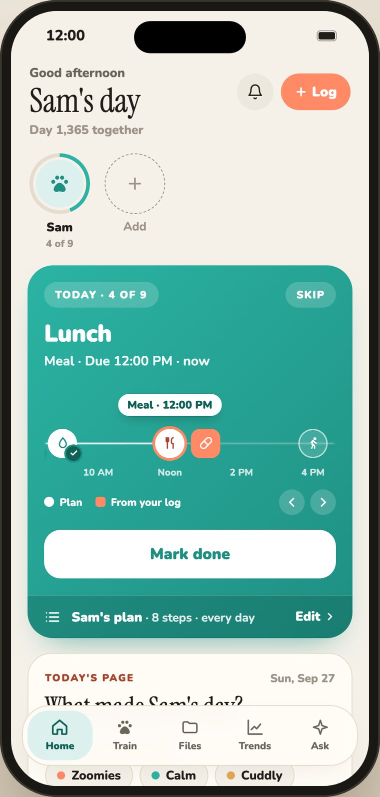 Tavi’s Home screen showing today’s plan card, a timeline of the day and a Mark done button