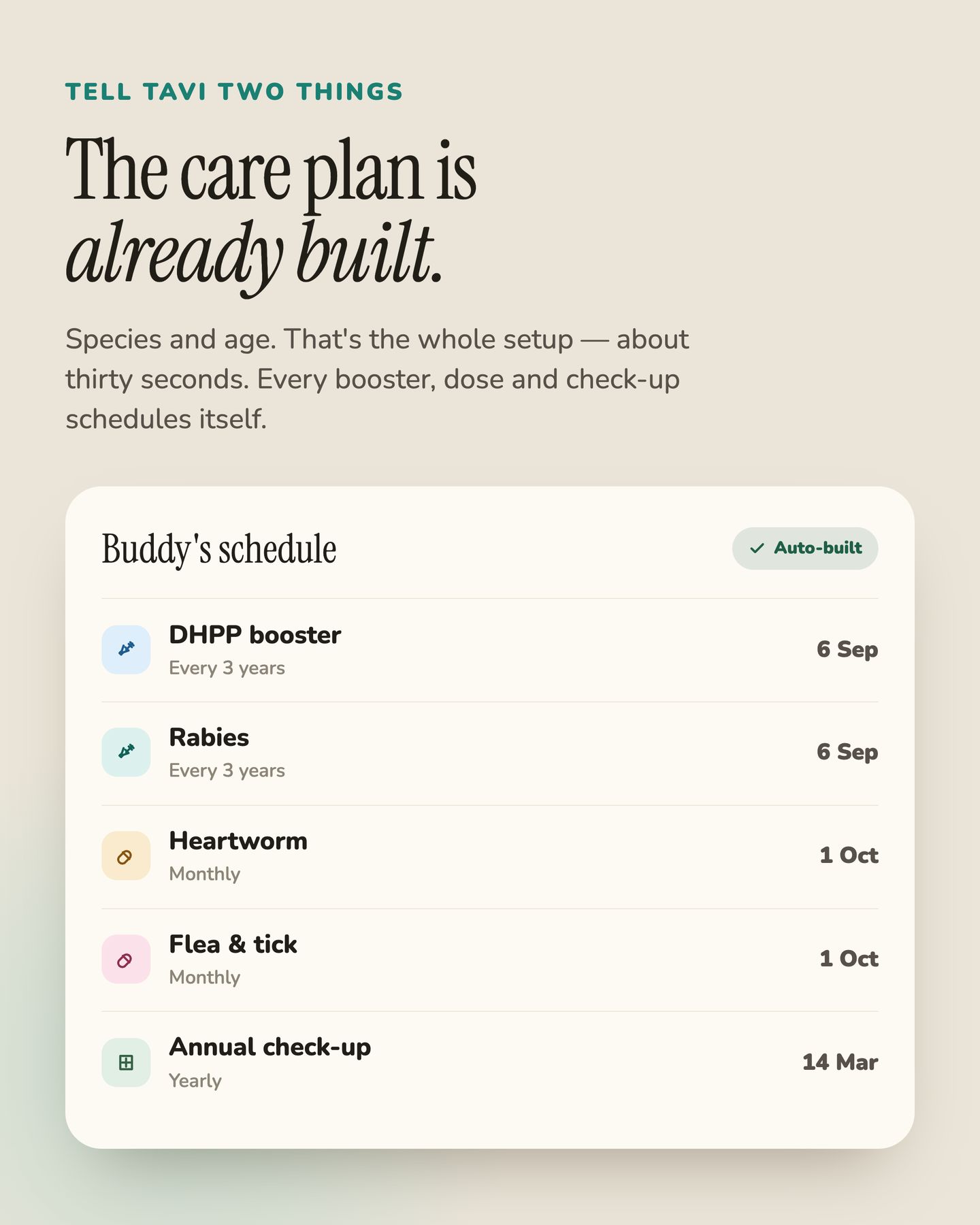The care plan is already built — Tavi auto-builds every booster, dose and check-up from species and age.
