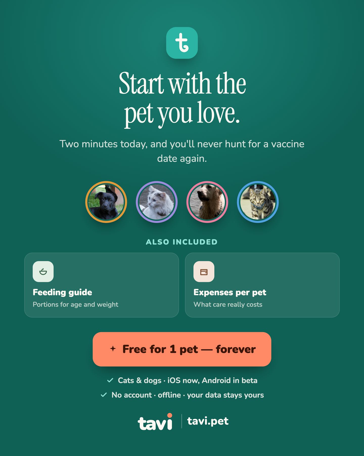 Start with the pet you love — free for one pet forever, cats and dogs, offline, no account.